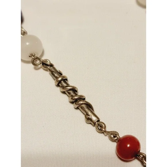 Vintage Sterling Silver Modernist Brutalist Beaded Stone Abstract Necklace 24in
